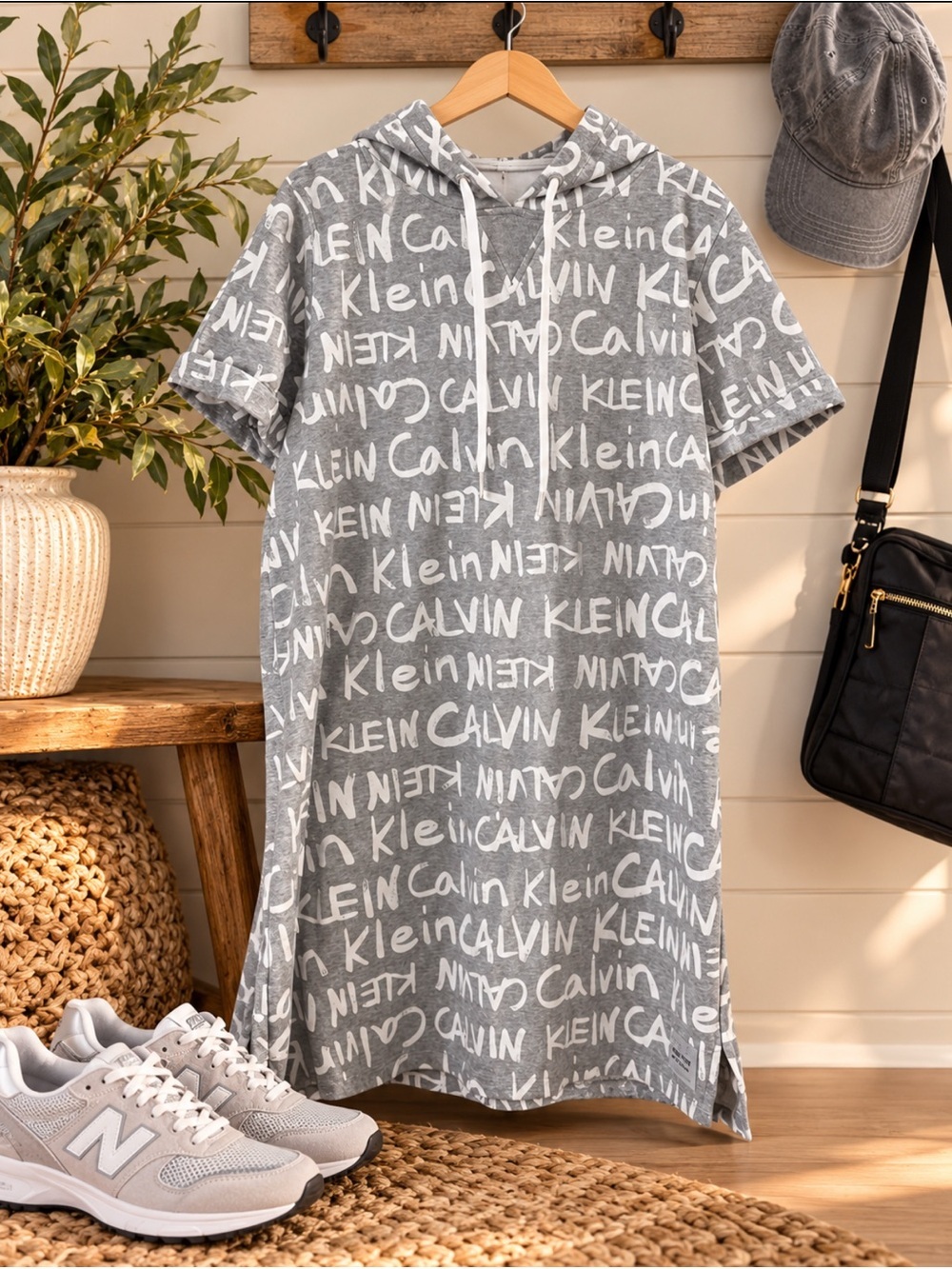 Calvin Klein Performance Hooded Dress Gray Logo Print Athleisure Jersey Dress/XL